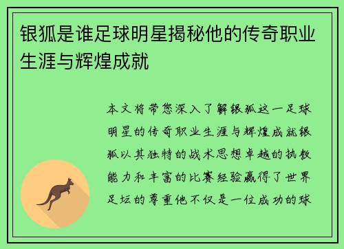 银狐是谁足球明星揭秘他的传奇职业生涯与辉煌成就